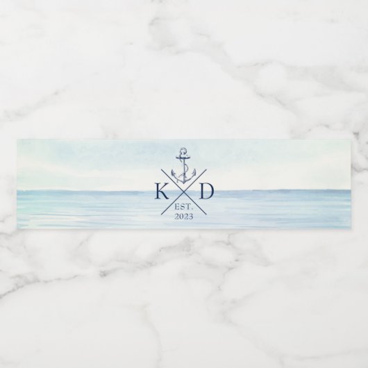 Nautisch Anker Monogram Waterverf Oceaan Waterfles Etiket (Enkel label)