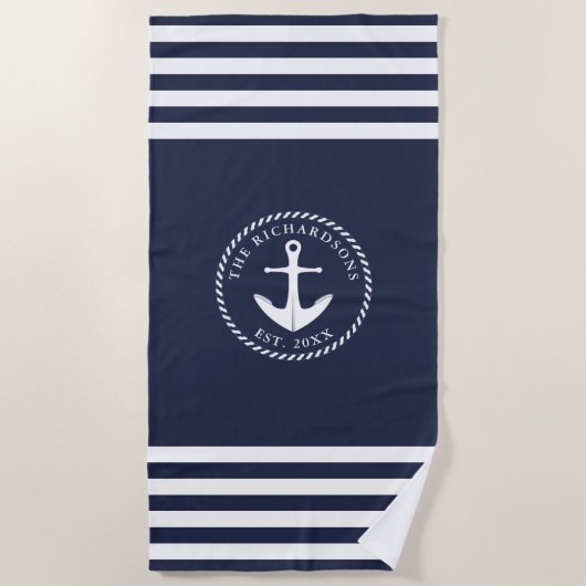 Nautisch anker Naam Modern Navy Blauw Wit Strandlaken (Voorkant)