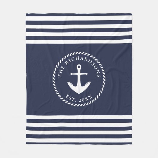 Nautisch Anker Navy Blauw en Wit Stripes Custom Fleece Deken (Voorkant)
