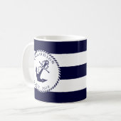 Nautisch Anker Navy Blauw en Wit Stripes Custom Koffiemok (Voorkant links)