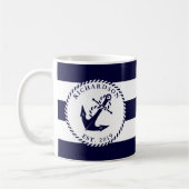 Nautisch Anker Navy Blauw en Wit Stripes Custom Koffiemok (Links)