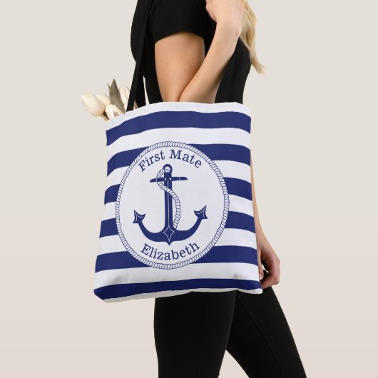 Nautisch Anker Navy Blue Eerste Mate gepersonalise Tote Bag (Dichtbij)
