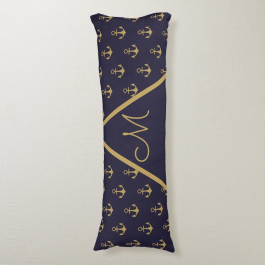 Nautisch anker Navy Blue Gold Monogram Lichaamskussen (Voorkant Verticaal)