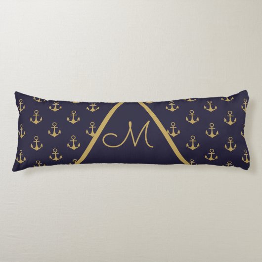 Nautisch anker Navy Blue Gold Monogram Lichaamskussen (Voorkant)