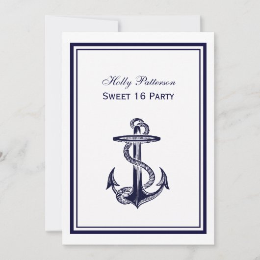 Nautisch Anker Navy Blue Ingelijste 2V Sweet 16 Kaart (Voorkant)