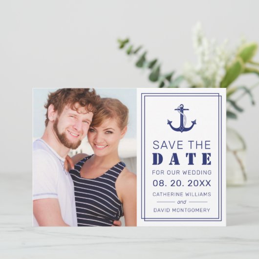 Nautisch anker Navy Blue Minimalist Fotobruiloft Save The Date (Staand voorkant)