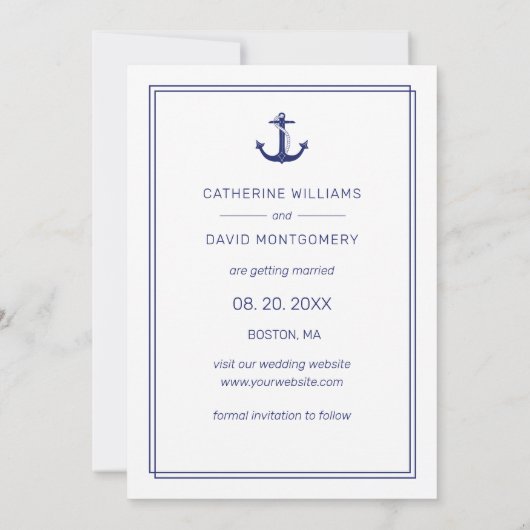 Nautisch anker Navy Blue Minimalist Fotobruiloft Save The Date (Achterkant)