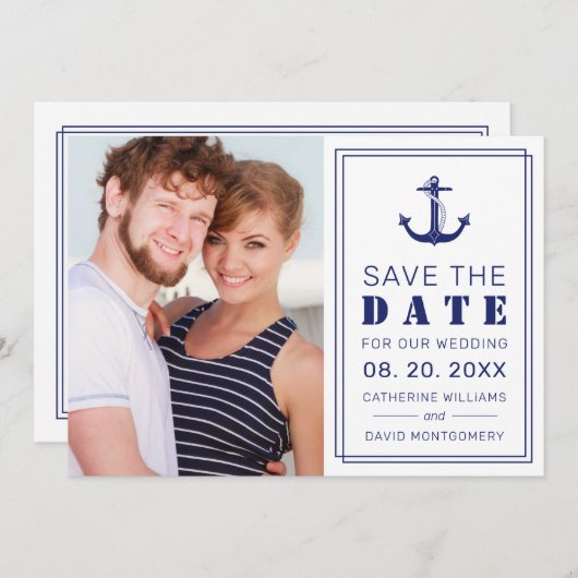 Nautisch anker Navy Blue Minimalist Fotobruiloft Save The Date (Voorkant / Achterkant)