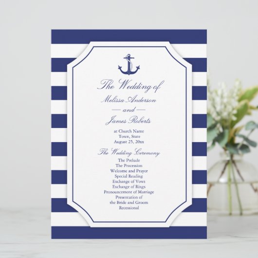 Nautisch Anker Navy Blue Stripe huwelijksprogramma Programmakaart (Staand voorkant)