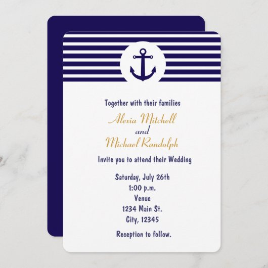 Nautisch anker Navy Blue Striped Uitnodiging (Voorkant / Achterkant)