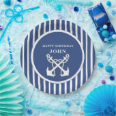 Nautisch anker Navy Blue Stripes Verjaardag Invita Papieren Bordje (Feest)