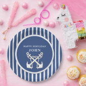 Nautisch anker Navy Blue Stripes Verjaardag Invita Papieren Bordje (Feest)