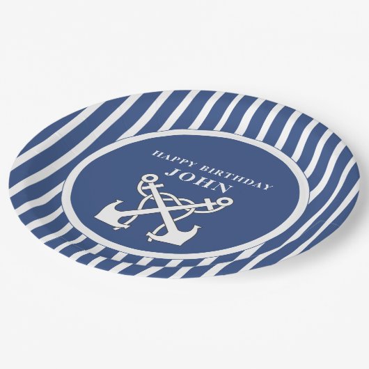 Nautisch anker Navy Blue Stripes Verjaardag Invita Papieren Bordje (Gekanteld)