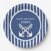 Nautisch anker Navy Blue Stripes Verjaardag Invita Papieren Bordje (Voorkant)