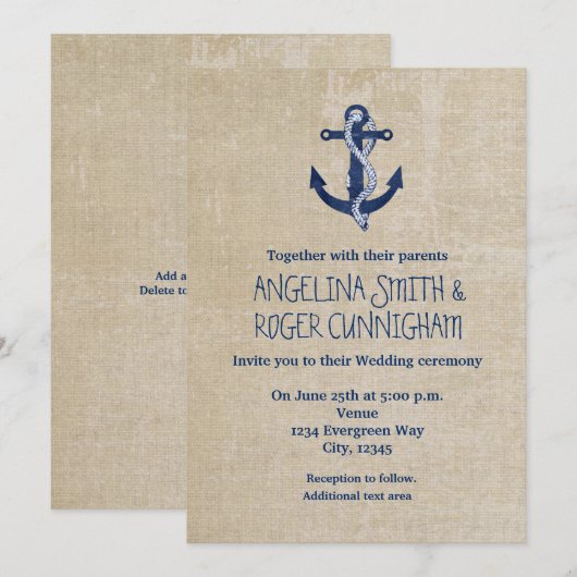 Nautisch Anker  Navy bruiloft uitnodiging (Voorkant / Achterkant)