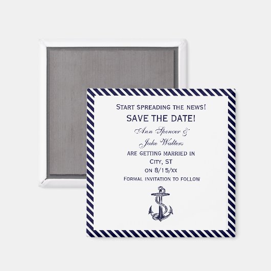 Nautisch Anker Navy Diag Stripe 2 Save the Date Magneet (Voorkant / Achterkant)