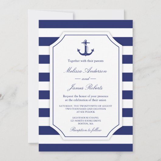 Nautisch Anker Navy Stripe Bruiloft Uitnodiging (Voorkant)