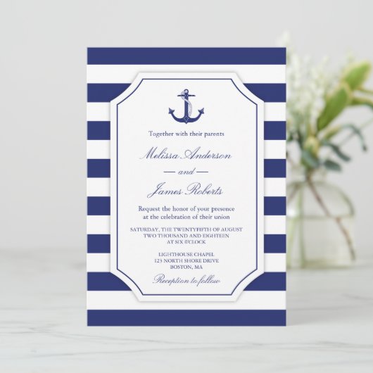 Nautisch Anker Navy Stripe Bruiloft Uitnodiging (Staand voorkant)