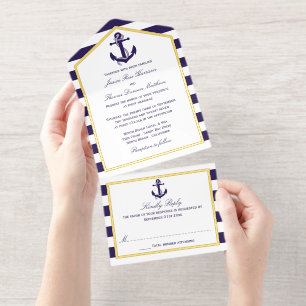 Nautisch Anker Navy Stripe Huwelijk Echte Folie All In One Uitnodiging