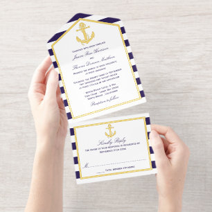 Nautisch Anker Navy Stripe Huwelijk Echte Folie All In One Uitnodiging