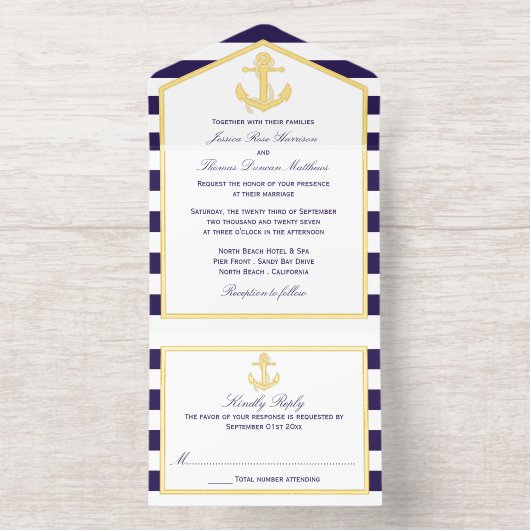 Nautisch Anker Navy Stripe Huwelijk Echte Folie All In One Uitnodiging (Binnenkant)