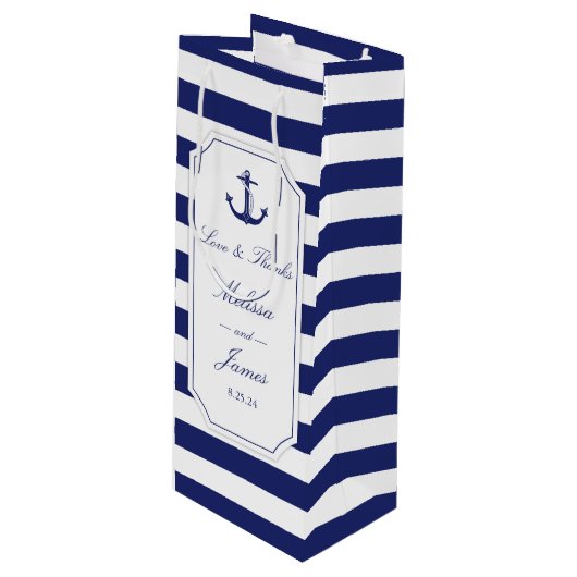 Nautisch Anker Navy Stripe Love Bedankt Bruiloft Wijn Cadeautas (Voorkant Gekanteld)