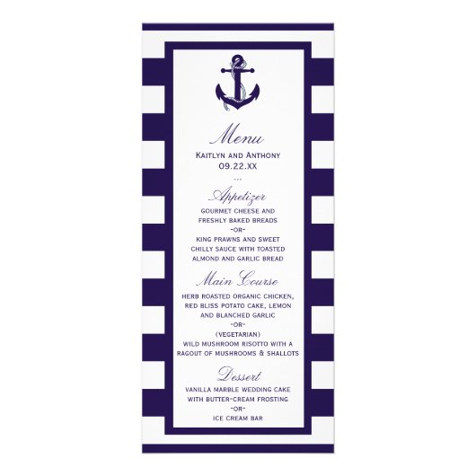 Nautisch anker Navy Stripe Wedding Menu (Voorkant)