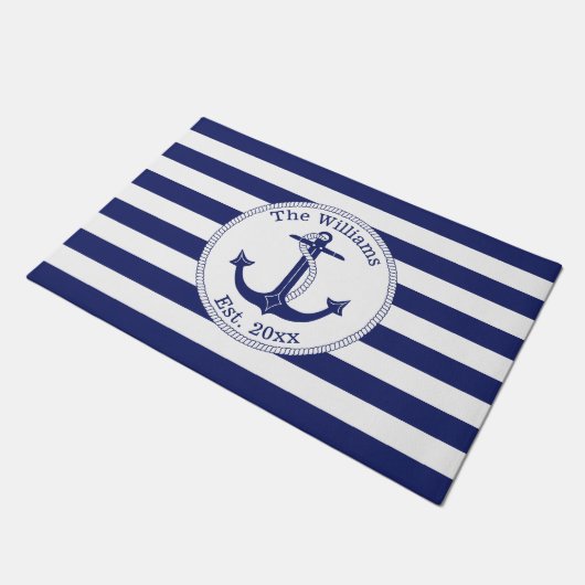 Nautisch Anker Navy Stripes Familienaam 24 x 36 Deurmat (Schuin)