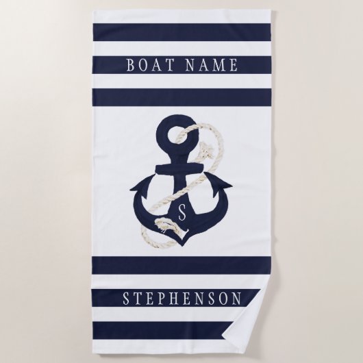 Nautisch anker Navy White Stripe Monogram Naam Strandlaken (Voorkant)