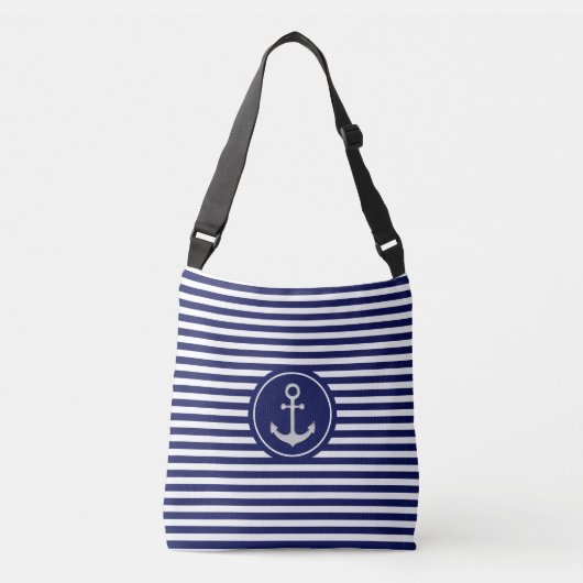 Nautisch anker op blauw & wit gestreept crossbody tas (Voorkant)