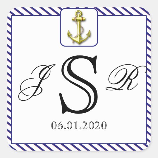 Nautisch Anker op Blauwe Streep Bruiloft Monogram Vierkante Sticker (Voorkant)