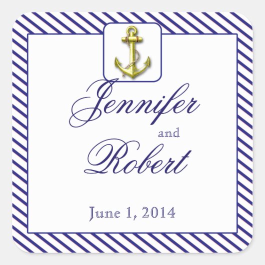 Nautisch anker op Blue Stripe Envelope Seal Vierkante Sticker (Voorkant)