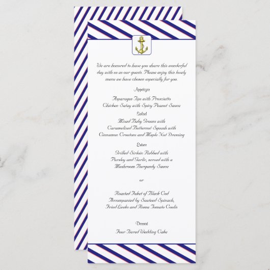 Nautisch anker op Blue Stripe Wedding Menu (Voorkant / Achterkant)