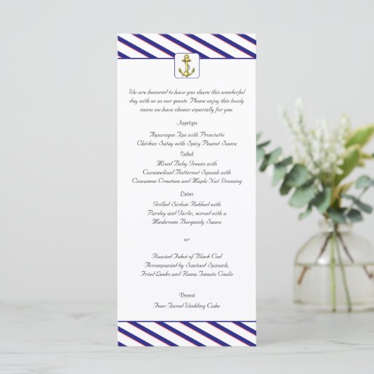 Nautisch anker op Blue Stripe Wedding Menu (Staand voorkant)