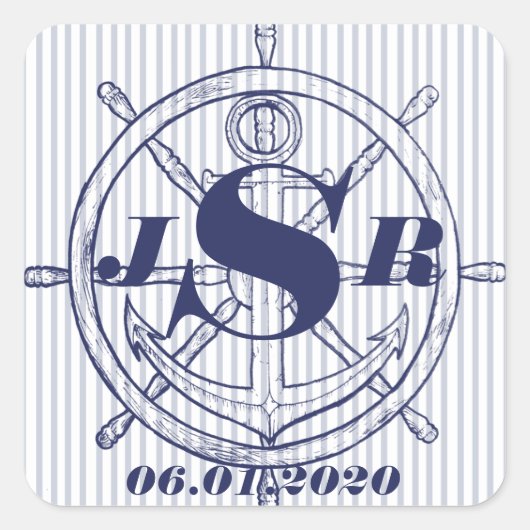 Nautisch Anker op Grijze Streep Monogram Sticker (Voorkant)