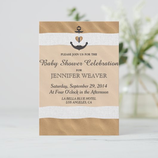 Nautisch anker op strand zand en wit lint kaart (Staand voorkant)