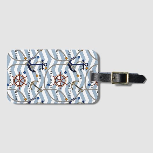 Nautisch anker roer blauwe witte streep zigzag bagagelabel (Voorkant (horizontaal))