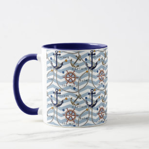 Nautisch anker roer blauwe witte streep zigzag mok