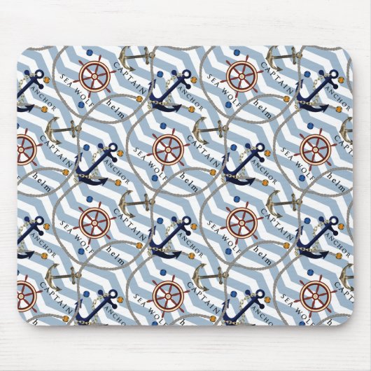 Nautisch anker roer blauwe witte streep zigzag muismat (Voorkant)