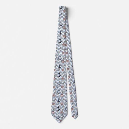 Nautisch anker roer blauwe witte streep zigzag stropdas (Voorkant)