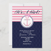 Nautisch Anker Roze & Blauw Baby shower Uitnodigin Kaart (Voorkant)