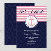 Nautisch Anker Roze & Blauw Baby shower Uitnodigin Kaart (Voorkant / Achterkant)