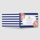 Nautisch Anker Roze Bloemen Blauw Gestreept Huweli Gastenboek (Volledig)