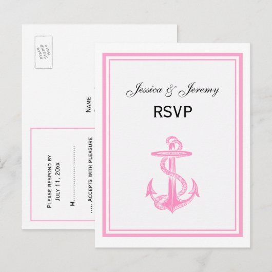 Nautisch anker roze omvormd 2 RSVP 1 Uitnodiging Briefkaart (Voorkant / Achterkant)