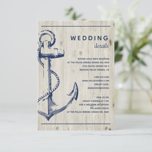 Nautisch Anker Rustiek Houten Huwelijksdetail Informatiekaartje (Staand voorkant)