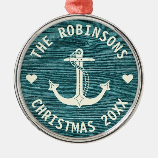 Nautisch anker rustieke familienaam kerst metalen ornament (Voorkant)