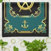 Nautisch anker/scheepswiel met zwarte kieuwzijde/g theedoek (Gevouwen)