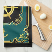 Nautisch anker/scheepswiel met zwarte kieuwzijde/g theedoek (Quarter Fold)