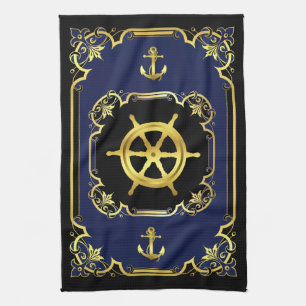 Nautisch anker/scheepswiel verguld zwart/goud/blau theedoek