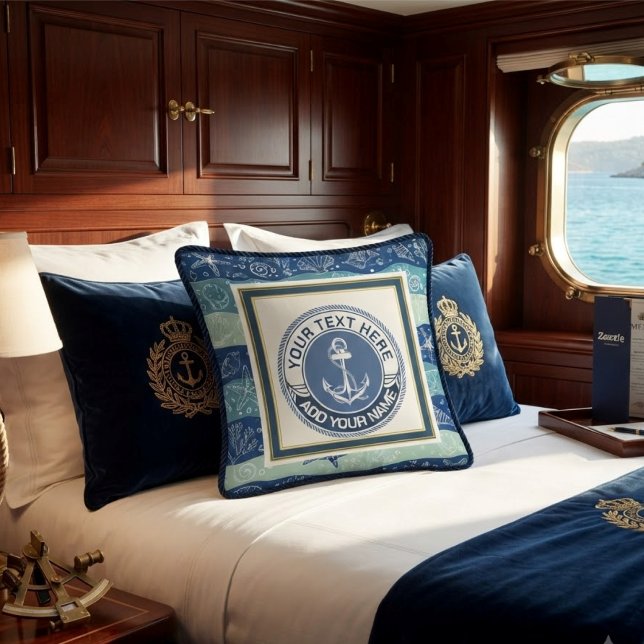 Nautisch Anker & Schelpen Monogram Nautisch Groen Kussen (Creator heeft geüpload)